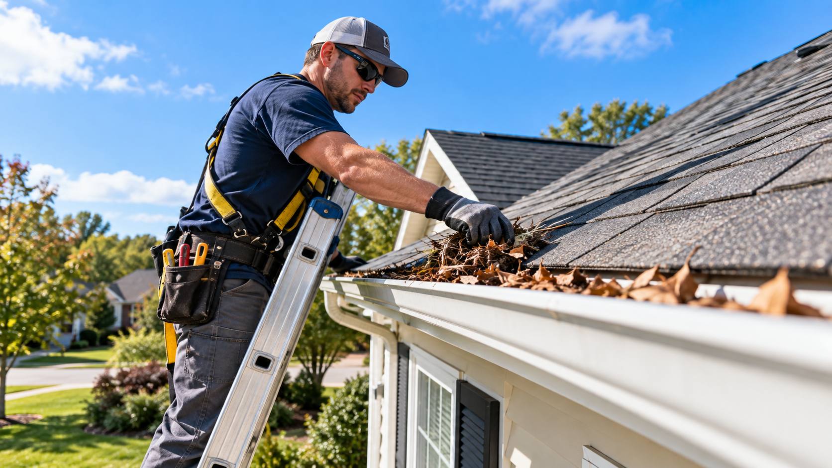Fast Pro crew member cleaning a gutter on a Lake Worth Beach home