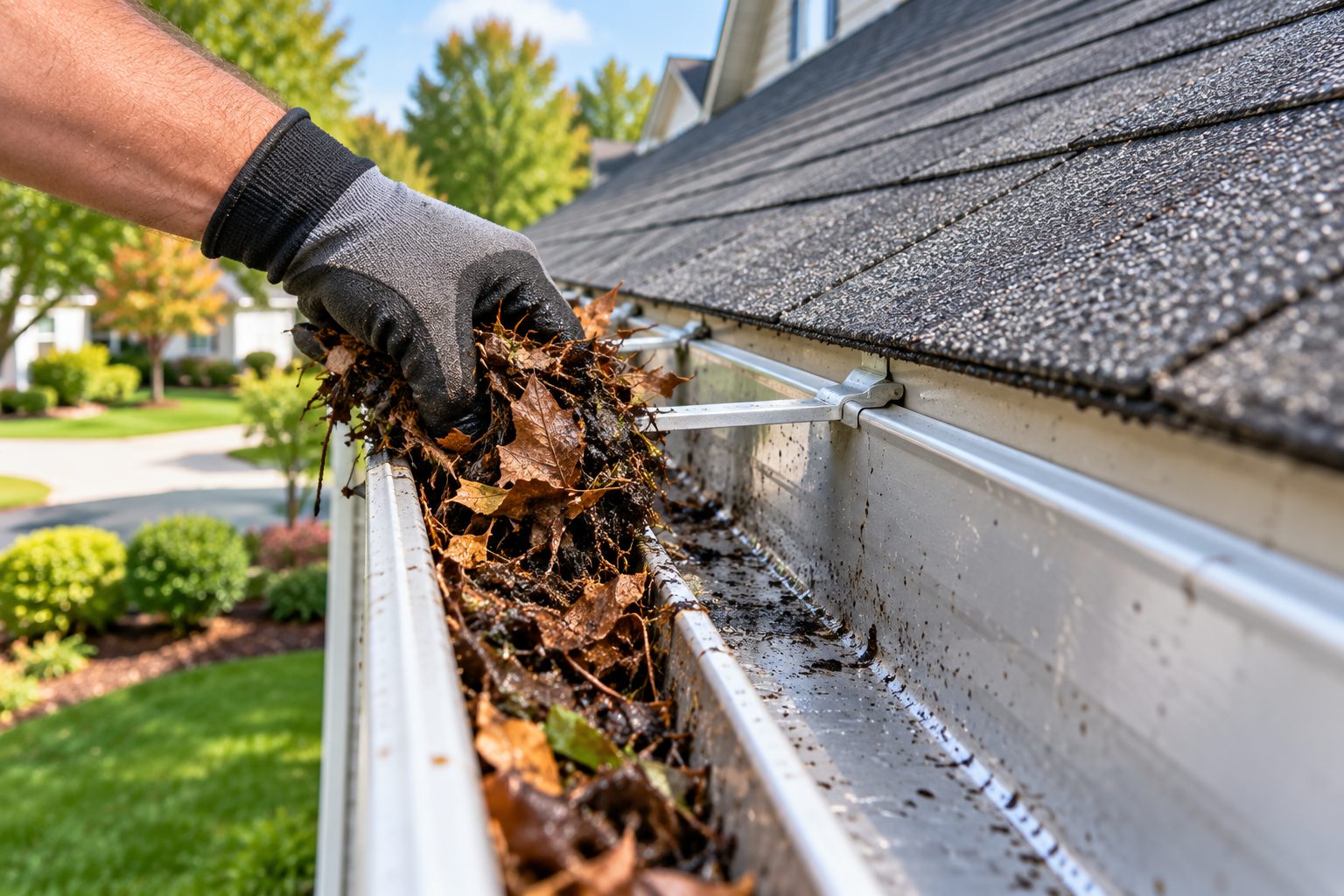 Hand-cleaning a gutter packed with debris in Lake Worth Beach