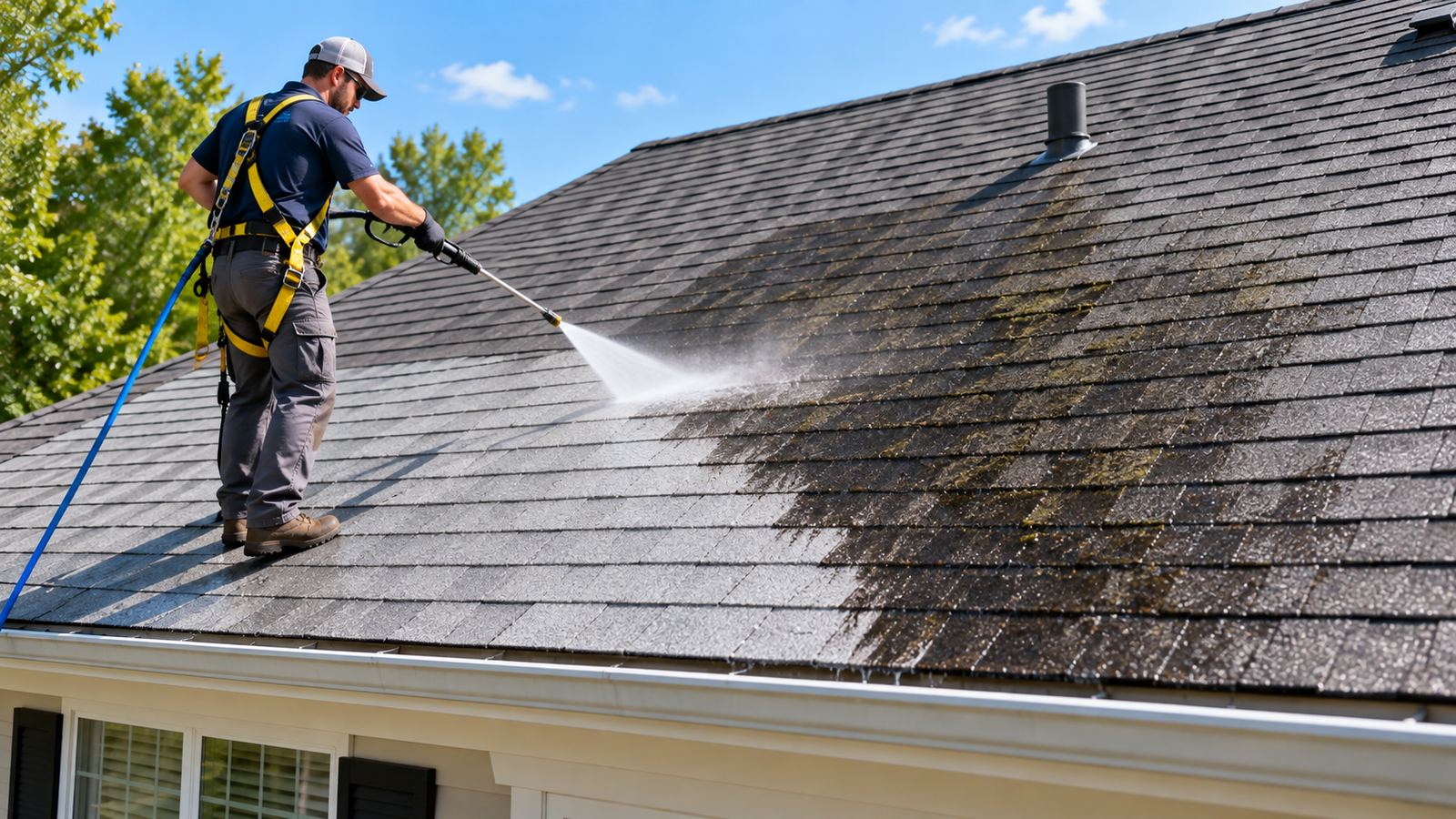 Roof cleaning removing dark algae streaks from a Lake Worth Beach roof